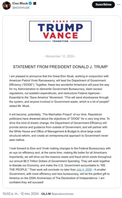 Donald Trump anunció a Elon Musk como parte de su futuro gabinete