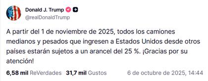 Donald Trump anunció un arancel del 25% para la importación de camiones a Estados Unidos