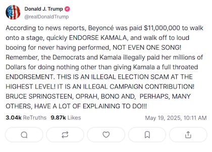 Donald Trump asegura que, según algunas fuentes que no mencionó, Beyoncé habría recibido alrededor de US$11 millones para participar del mitin de Harris en Houston