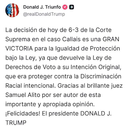 Donald Trump celebró el fallo en sus redes sociales