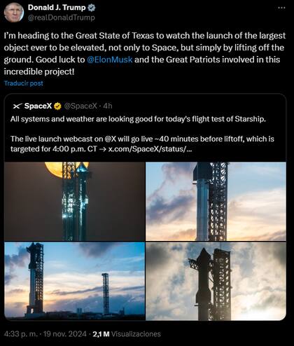Donald Trump confirmó a través de su cuenta en X que estará presente en el lanzamiento de Starship