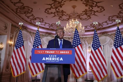PALM BEACH, FLORIDA - NOVEMBER 08: Former U.S. President Donald Trump speaks during an Election Night event at Mar-a-Lago on November 08, 2022 in Palm Beach, Florida. Trump addressed his supporters as the nation awaits the results of the midterm elections.   Joe Raedle/Getty Images/AFP