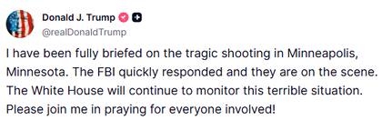 Donald Trump, expresidente de Estados Unidos, se refirió al tiroteo en Minneapolis y ofreció sus oraciones a las víctimas (Fuente: Truth @realDonaldTrump)