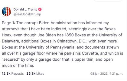 Donald Trump habló sobre los cargos que se le imputan a través de sus redes sociales