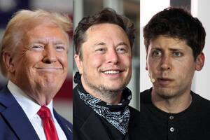 Donald Trump (izq.) anunció un proyecto de 500.000 millones de dólares para expandir el desarrollo de inteligencia artificial en EE.UU.; Elon Musk, dueño de X (medio) criticó el proyecto, que tiene a Sam Altman, de OpenAI (der.) como uno de sus líderes