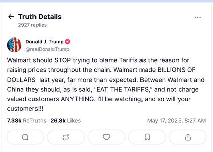 Donald Trump lanza advertencia de Walmart tras el anuncio de un posible incremento en los precios. Foto: Truth Social