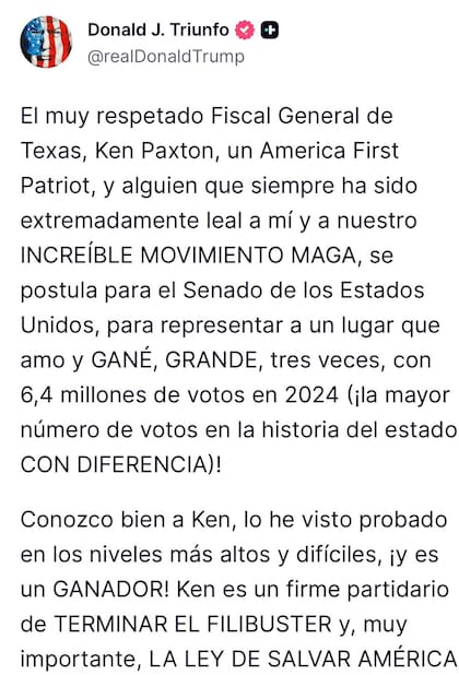 Donald Trump le brindó su apoyo a Paxton en redes sociales