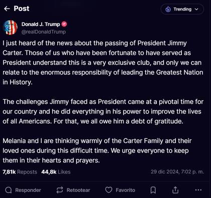 Donald Trump pide gratitud hace el expresidente fallecido