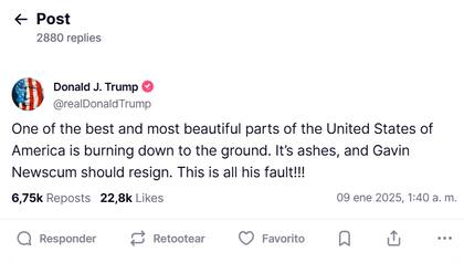 Donald Trump pide que el gobernador de California renuncie tras los incendios forestales