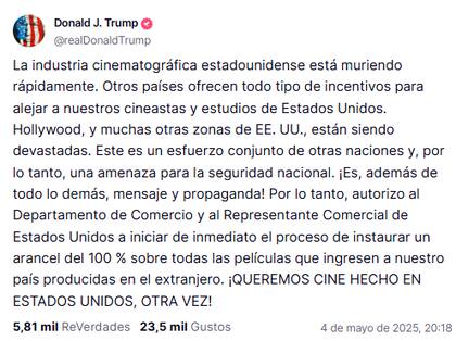 Donald Trump propuso aplicar un arancel del 100% a producciones realizadas fuera de Estados Unidos, en defensa de la industria local