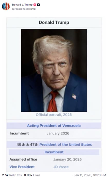 Donald Trump publicó una imagen que sugiere que es el actual presidente interino de Venezuela