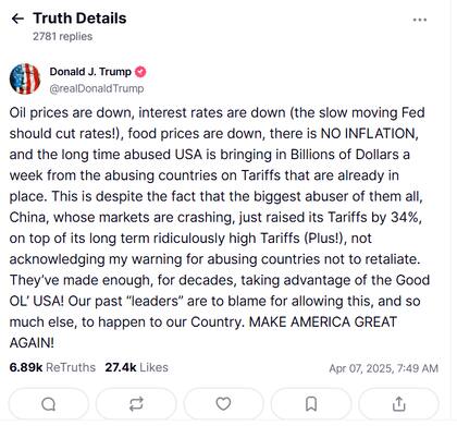 Donald Trump reafirmó sus medidas arancelarias en su cuenta de Truth Social