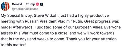 Donald Trump se jactó en Truth Social sobre el gran avance de el enviado especial Steve Witkoff