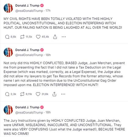 Donald Trump utilizó su cuenta en Truth Social para señalar al juez en su proceso