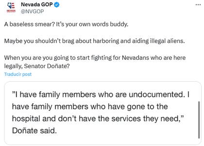 Doñate respondió con firmeza a los ataques del Partido Republicano de Nevada, afirmando que la acusación por tener familiares indocumentados busca silenciar a la comunidad latina y desviar el debate de soluciones reales.