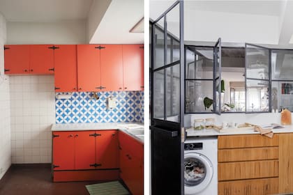 Donde antes estaba la heladera, que se mudó más atrás, colocaron
el lavarropas, que se adapta al espacio que dejó la abertura.