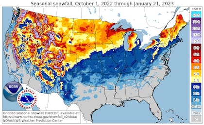 ¿Dónde ha nevado más este invierno en Estados Unidos? Este mapa muestra las variaciones de acuerdo al promedio histórico de la temporada