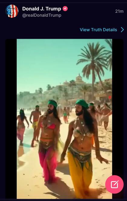 Dos bailarinas con barba y bigote danzan en las playas de "Trump Gaza"