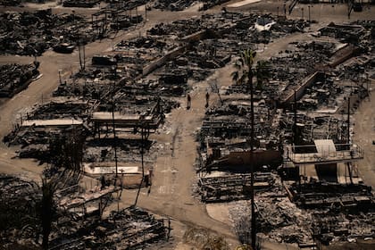 Dos bomberos caminan por una calle en una comunidad devastada por el fuego tras el paso del incendio Palisades, el lunes 13 de enero de 2025, en el vecindario Pacific Palisades de Los Ángeles. (AP Foto/John Locher)
