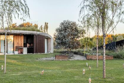 Dos cajones de huerta, al lado la graminoteca. En primer plano, sauces para el sector de descanso junto al fogonero.
