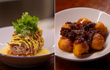 Dos clásicos del menú: boniato, ceviche de gírgolas, crema de ají amarillo y maíz chuspillo y los "picarones" (buñuelos de boniato)