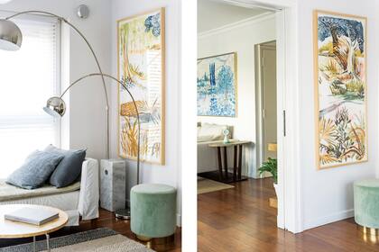 Dos cuadros de Lu Garabello enmarcan el paso a este estar privado reiterando los colores del ambiente en versiones acuareladas, que aportan brillo y profundidad.