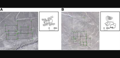 Dos de los geoglifos identificados por aprendizaje profundo en Nazca