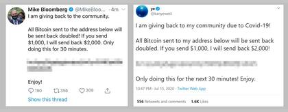 Dos de los tuits que publicó Clarke en cuentas ajenas para generar donaciones de bitcoins