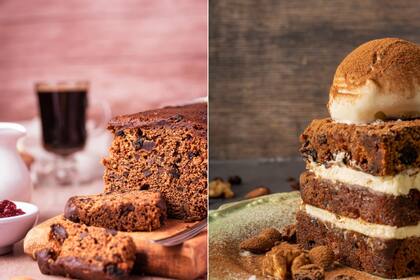 Dos ideas actuales para disfrutar de la torta galesa tradicional: con el café o como postre, rellena con crema y bocha de helado.