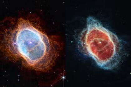 Dos imágenes de la Nebulosa del Anillo Sur y sus dos estrellas tomadas con distintos instrumentos del James Webb. NIRCam (L) y MIRI (R). La estrella moribunda, más tenue, está expulsando gas y polvo a través del cual Webb ve con un detalle sin precedentes