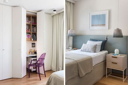 Dos módulos del placard se destinaron para alojar el escritorio. Sobre las mesas de luz, colgantes artesanales plisados en color malva, igual que la cabecera tapizada. En franco contraste, la silla ‘Ghost’ en magenta.