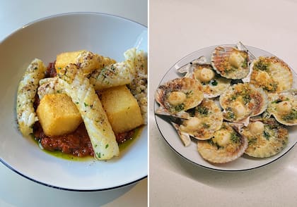Dos opciones de pesca: calamares, papa rosti y piperrade con nduja y vieiras de San Antonio con aceite de perejil y pangrattato