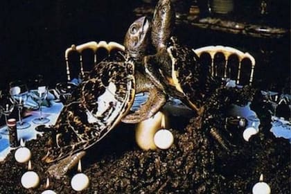Dos tortugas disecadas peleando en dos patas configuraban uno de los surreales centros de mesa del banquete
