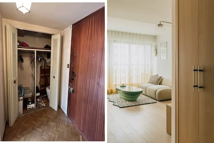 Dos versiones del espacio de guardado junto a la entrada, un verdadero tesoro en este monoambiente