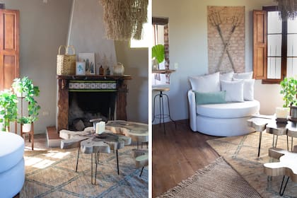 Dos viejas horquillas que estaban en desuso se aprovecharon para decorar una pared de ladrillos, sumando elementos que hablan de la historia del lugar.