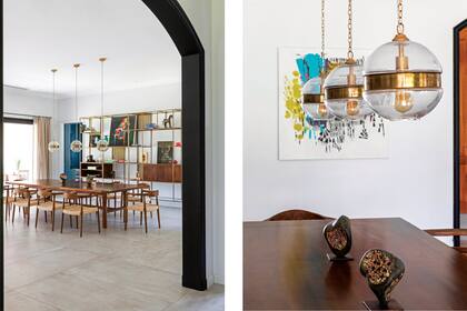 Dos vistas de las lámparas del comedor (Desde Asia). Sobre la mesa, esculturas de Pablo Fracchia (Solsken).
