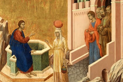 El símbolo del pozo es habitual, como en la obra "Cristo y la Samaritana", de Duccio di Buoninsegna (1310-1311)