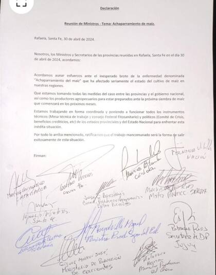 Durante el encuentro, los ministros y secretarios, junto con las autoridades del Gobierno Nacional, acordaron firmar una declaración conjunta para "unir esfuerzos ante el inesperado brote de la enfermedad denominada "Achaparramiento del maíz", que ha afectado seriamente el estado del cultivo del maíz en nuestras regiones".