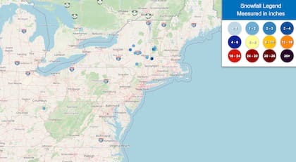 Durante las últimas 24 horas, el noreste ya ha registrado acumulaciones significativas de nieve, entre las que se incluyen 3,1 pulgadas (7,8 cm) en Cheshire, Massachusetts, y 2,8 pulgadas (7,1 cm) en Middleville, Nueva York