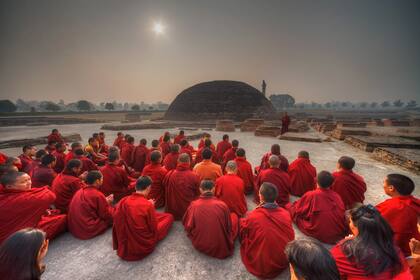 Durante una peregrinación a los ocho principales lugares sagrados budistas en la India y Nepal, monjes y monjas del monasterio de Shechen están sentados en la meditación frente a la Estupa Vaishali, en Bihar