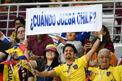 Ecuador supporters display a sign reading "When does Chile play ?" ahead of the Qatar 2022 World Cup Group A football match between the Netherlands and Ecuador at the Khalifa International Stadium in Doha on November 25, 2022. (Photo by Jewel SAMAD / AFP)