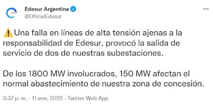 Edesur explicó por qué dos de sus subestaciones cortaron el servicio energético