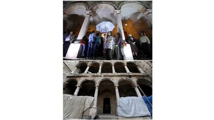 Edificio de la escuela al-Sheebani, en la Ciudad Vieja antes de que fuera dañado el 14 de mayo de 2008 (arriba) y después el 17 de diciembre de 2016