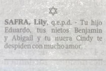 Eduardo Cohen despidió a su mamá con un aviso en el diario La Nación.