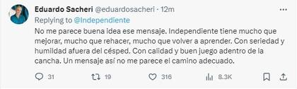 Eduardo Sacheri le respondió a Independiente por burlarse de la derrota de Boca ante Fluminense en la final de la Copa Libertadores