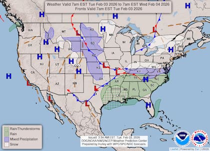 EE.UU. enfrenta un escenario de contrastes climáticos, con una onda de baja presión que generará nieve desde el Valle del Ohio hasta el Atlántico Medio, mientras el sur recibirá lluvias