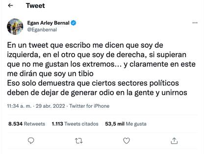 Egan Bernal hace tercer twit