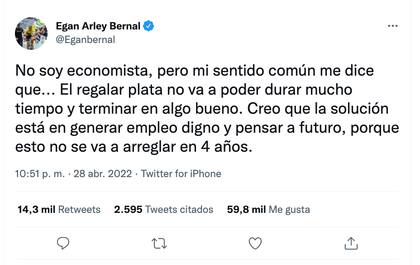 Egan Bernal publicó un segundo twit que avivó las reacciones
