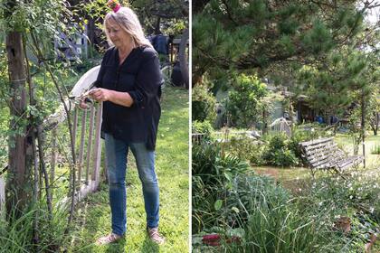 Izquierda: Eileen Banks pertenece al Grupo Jardín Necochea Quequén. Su foco está puesto en el vivero. Derecha: Rodeado de un cerco de madera que estaba en desuso, Eileen creó un lugar hacer gajos y tener la huerta y la compostera.