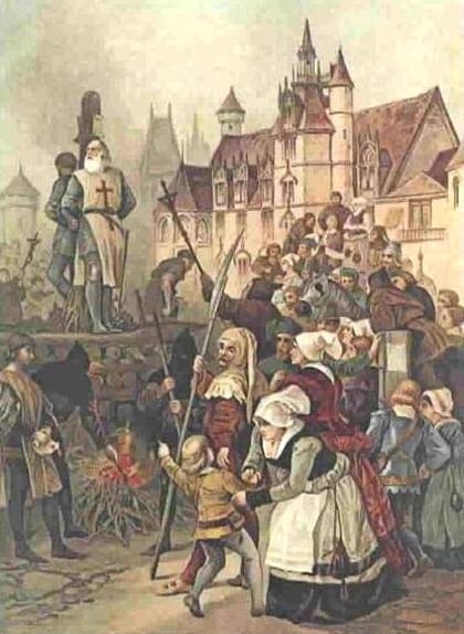 La ejecución en la hoguera de Jacques de Molay, el Gran Maestre de la Orden Templaria que había sido detenido el viernes 13 de octubre de 1307 por el Rey Felipe IV de Francia